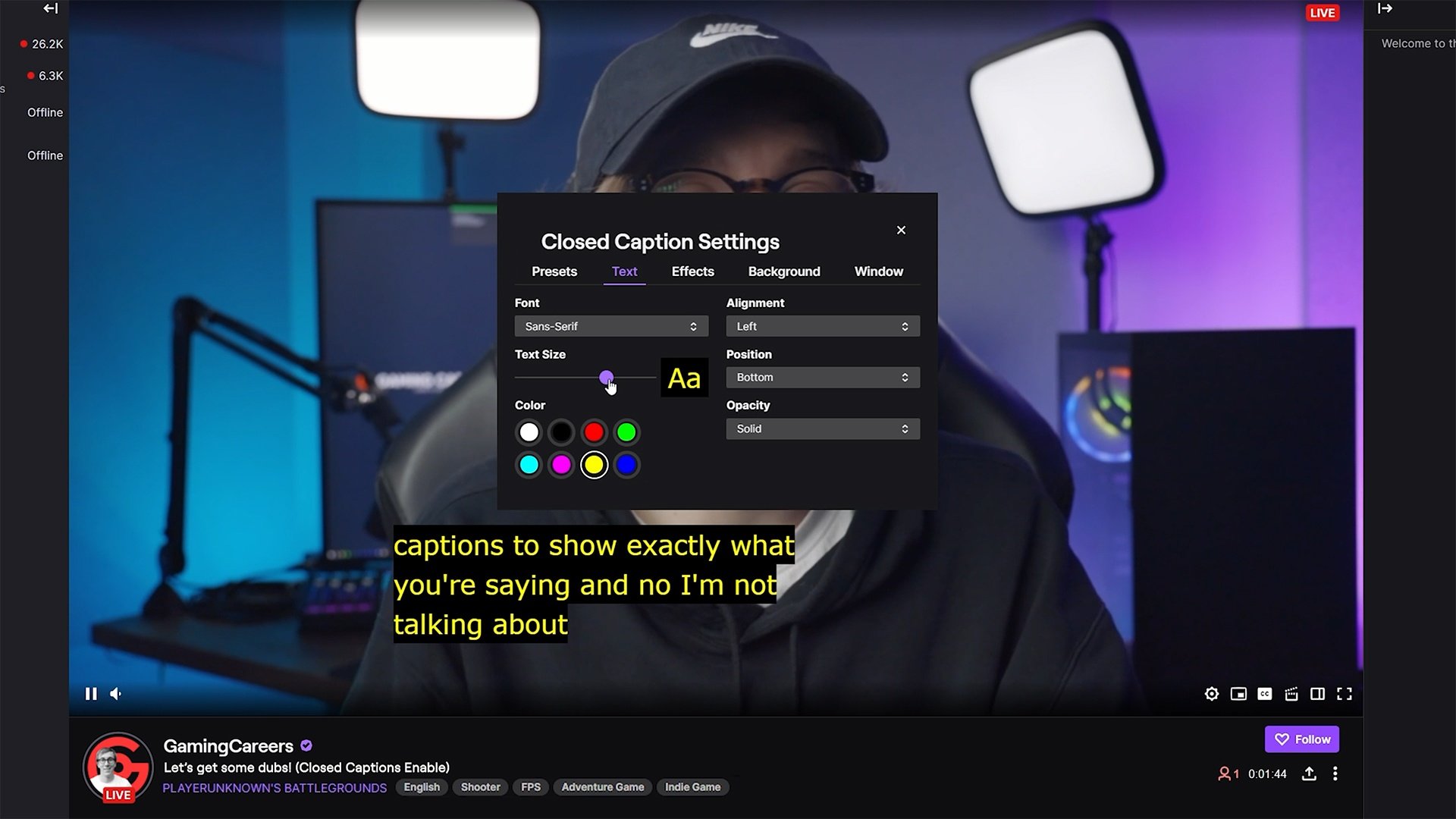 Twitch Captions Color and Font Settings